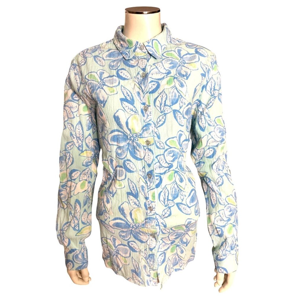 Appleseeds Size Large Blue Green Floral Button Shirt Coastal Garden Style Casual - Picture 2 of 10